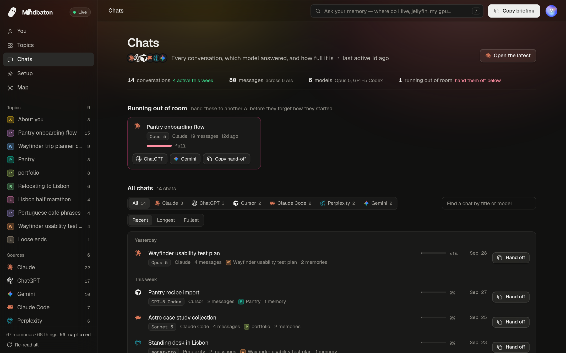 Chats: every conversation from every AI, which model answered, and how full each one is.