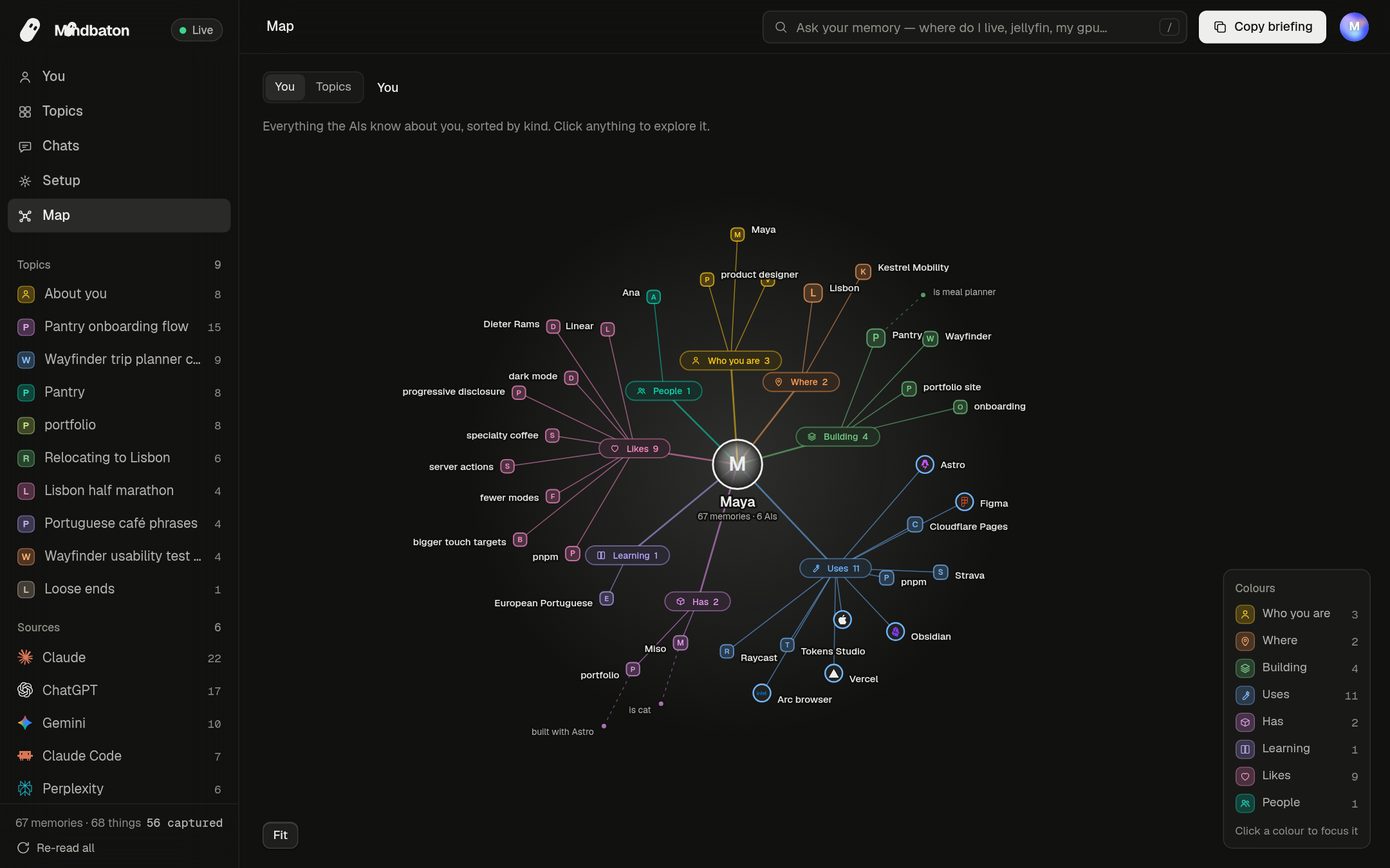 The map: the demo person in the middle, the kinds of fact around her, and the people, places and tools under each.