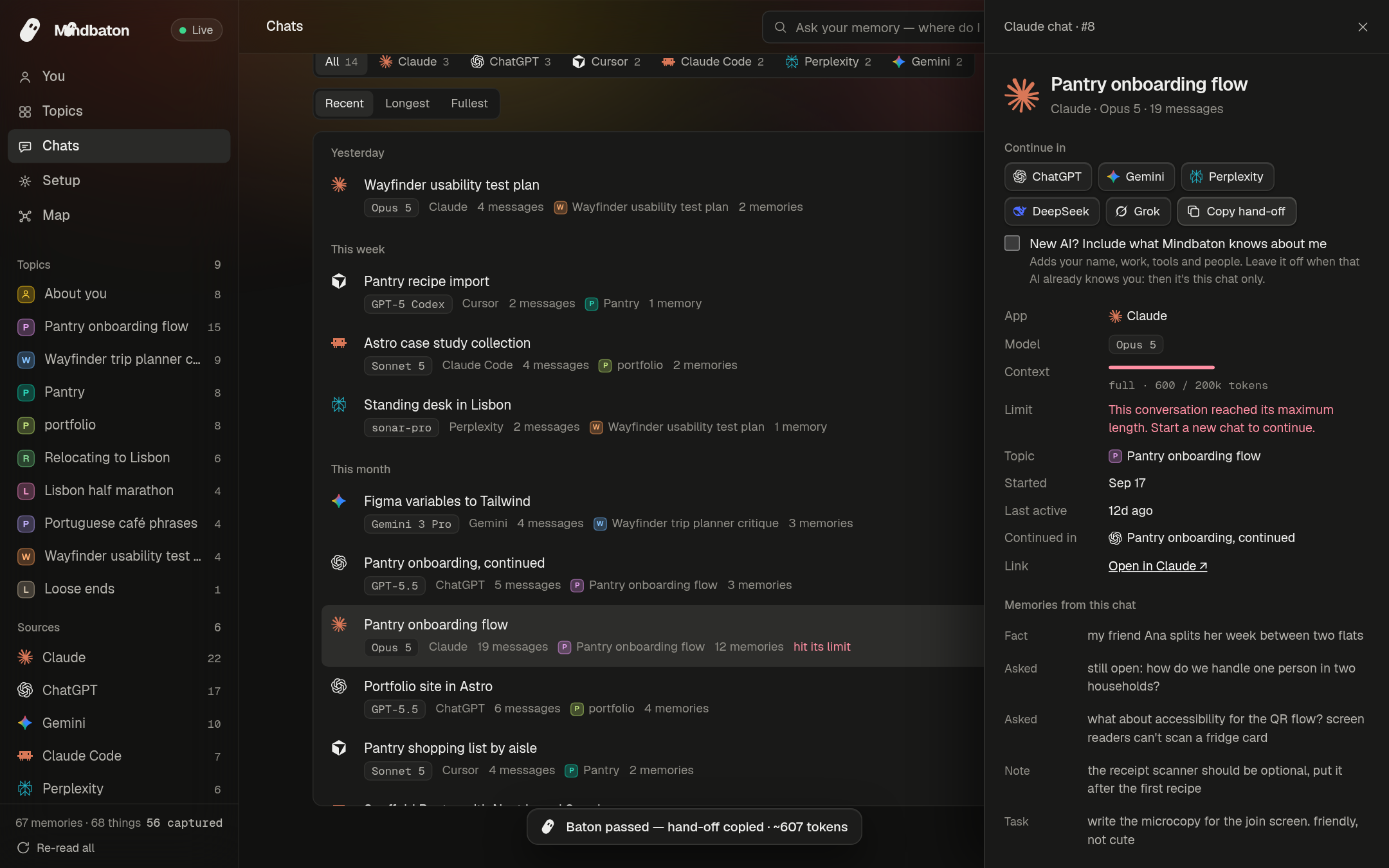 A chat that hit its limit, open in a side panel with buttons to continue it in ChatGPT, Gemini, Perplexity, DeepSeek or Grok.